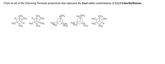 Click on all of the following Newman projections that represent the least stable conformation of 2,2,3-trimethylbutane. HycCH