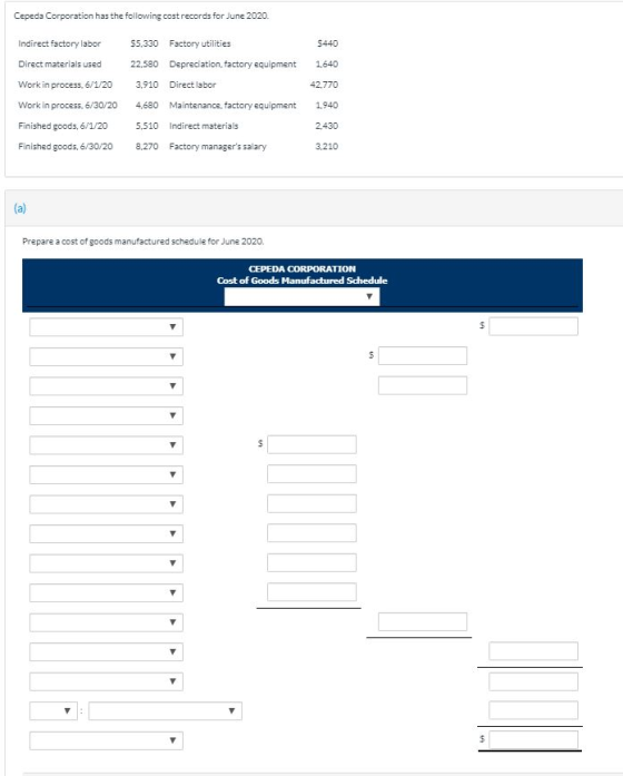 Cepeda Corporation has the following cost records for June 2020. Indirect factory labor $5.330 Factory utilities $440 Direct