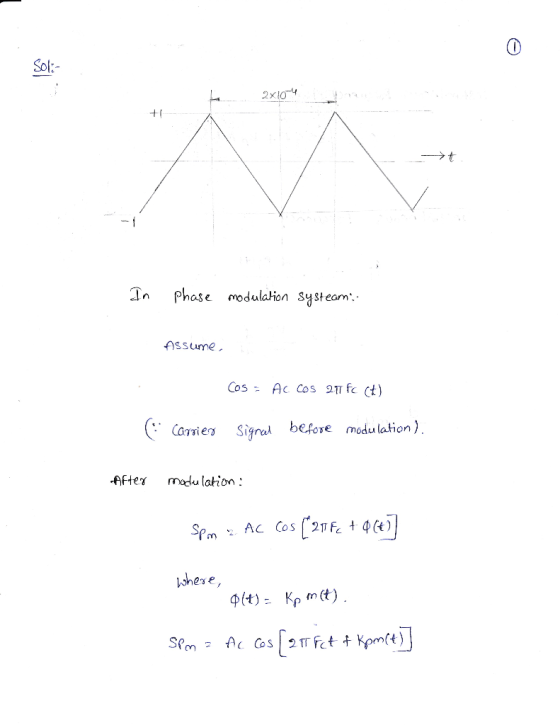 Sok- 2x104 In phose modulaion systeom CosAc Cos 91 fe ct) Carries Signal before modulation) Ate modu lation