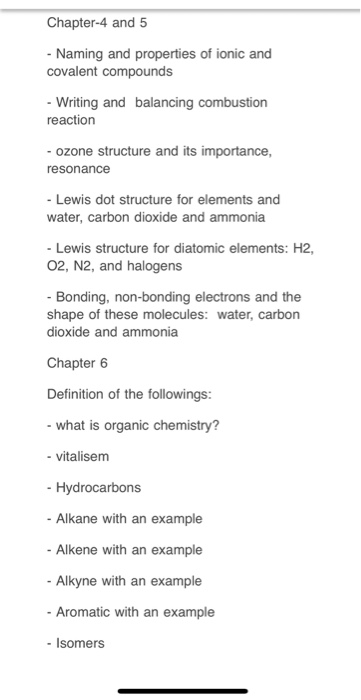 Chapter-4 and 5 - Naming and properties of ionic and covalent compounds - Writing and balancing combustion reaction - ozone s