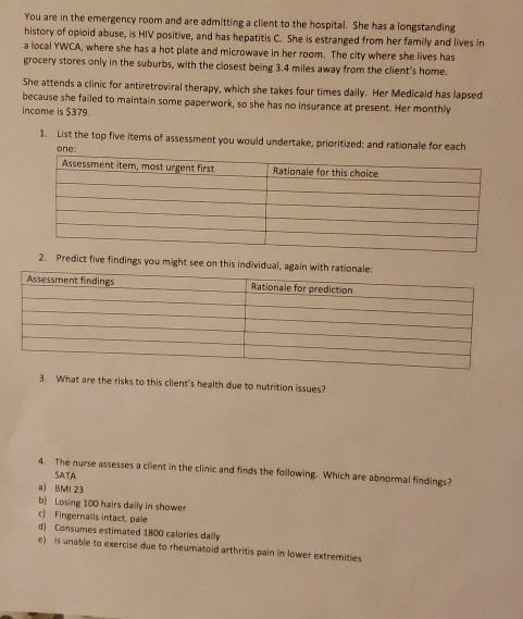 You are in the emergency room and are admitting a client to the hospital. She has a longstanding history of opioid abuse, is
