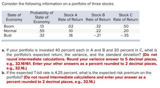 Consider the following information on a portfolio of three stocks: State of Probability of State of Economy Economy .13 Stock