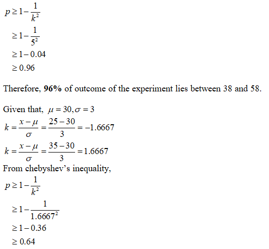 p21- 21-5 21-0.04 > 0.96 Therefore, 96% of outcome of the experiment lies between 38 and 58. Given that, u = 30,0 = 3 k=*=4-2