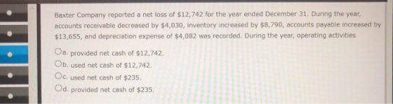 Baxter Company reported a net loss of $12,742 for the year ended December 31. During the year, accounts receivable decreased