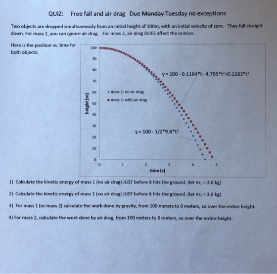 QUIZ: Free fall and air drag Due Menday-Tuesday no exceptions Two objects are dropped simultaneously from an initial height of 100m, with an initial velocity of zero. They fall straight down. For mass 1, you can ignore air drag. For mass 2, air drag DOES affect the motion. Here is the position vs. time for both objects: 100 90 80 %, y-100-0.1164*t-4.795%40.1283*t3 70 60 mass 1: no air drag n mass 2: with air drag 50 40 30 y 100-1/2 9.8 co 20 10 time (s) 1) Calculate the kinetic energy of mass 1 (no air drag) JUST before it hits the ground. (let m 3.0 kg) 2) Calculate the kinetic energy of mass 1 (no air drag) JUST before it hits the ground. (let m2 3.0 kg) 3) For mass 1 (or mass 2) calculate the work done by gravity, from 100 meters to 0 meters, so over the entire height. 4) For mass 2, calculate the work done by air drag, from 100 meters to 0 meters, so over the entire height.