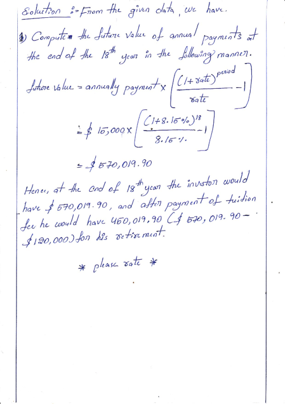 solution from the given data, we have b) Computer the future value of ganual payments of the end of the lighth year in the fo