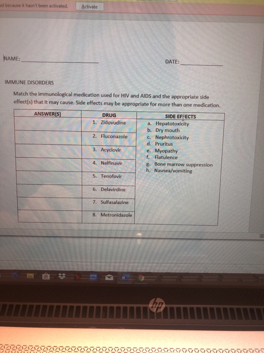 I because it hasnt been activated. Activate NAME: DATE: IMMUNE DISORDERS Match the immunological medication used for HIV and