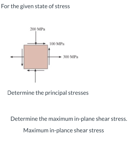 For the given state of stress 200 MPa 100 MPa 300 MPa Determine the principal stresses Determine the maximum in-plane shear s