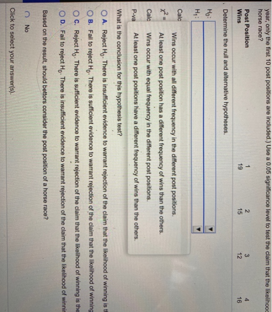year, only the first 10 post positions are included.) Use a 0.05 significance level to test the claim that the likelihood hor