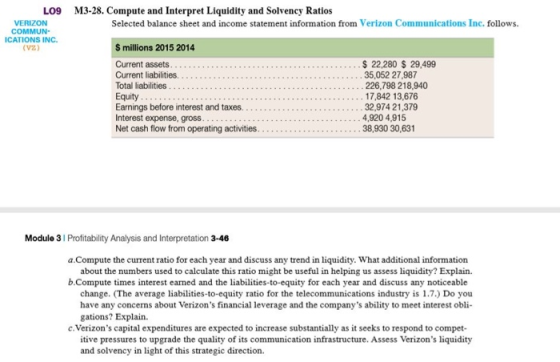 LO9 M3-28. Compute and Interpret Liquidity and Solvency Ratios VERIZON Selected balance sheet and income statement informatio