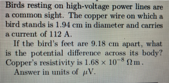 Birds resting on high-voltage power lines are a common sight. The copper wire on which a bird stands is 1.94 cm in diameter a