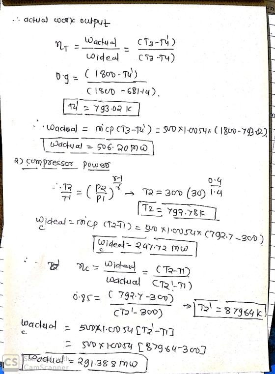 . .: actual works output ni Wactual CT3-tý) - wideal (73-74) 09= ( 1800-70) (1800 -68114). ta - 493.02 K ] .. wacheval = mi