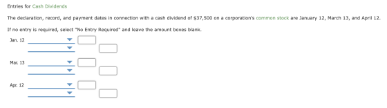 Entries for Cash Dividends The declaration, record, and payment dates in connection with a cash dividend of $37,500 on a corp