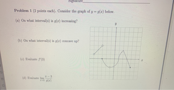 Signature Problem 1 (2 points each). Consider the graph of y = g(x) below. (a) On what interval(s) is g(x) increasing? (b) On