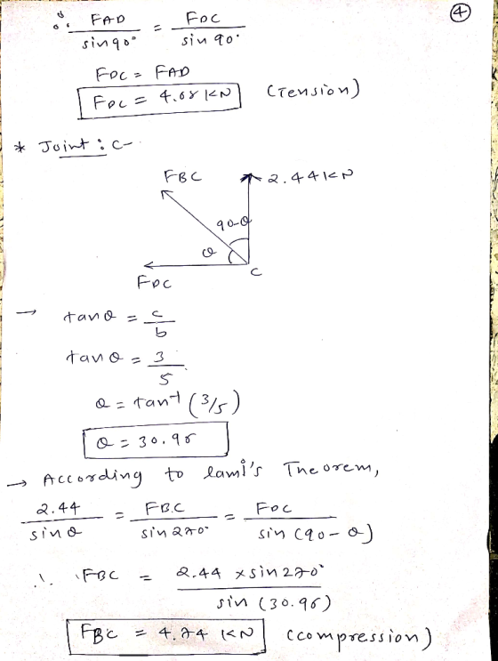FAD singoo Foc sin qo Foc= FAD foc=4.00kN] Ciension) I * Joint :c-. FBC a.44kn 9OOL SIST- Foc tandem tano- → - FB.C Foc a= t