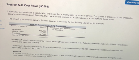 Problem 5-17 Cost Flows [LO 5-1] Lubricants, Inc., produces a special kind of grease that is widely used by race car drivers.