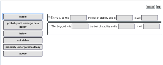 Reset Hel stable 95 Zr: 40 p, 55 n is the belt of stability and is ; it will probably not undergo beta decay 143 Xe: 54 p, 89