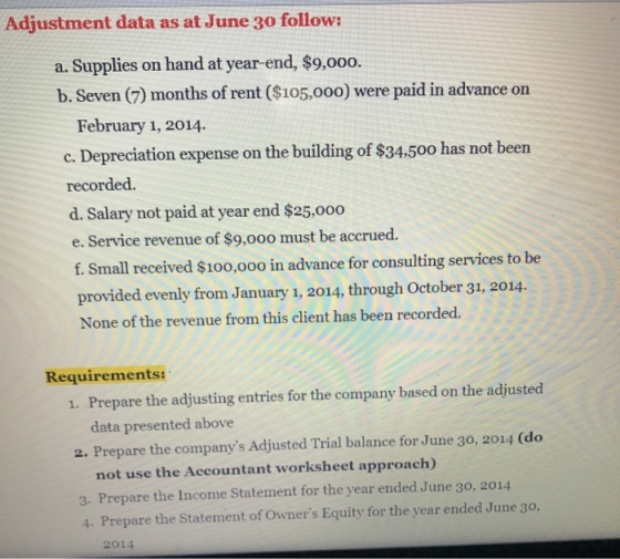 Adjustment data as at June 30 follow: a. Supplies on hand at year-end, $9,000. b. Seven (7) months of rent ($105,000) were pa