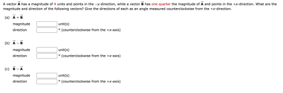 A vector A has a magnitude of 4 units and points in the -y-direction, while a vector B has one quarter the magnitude of A and