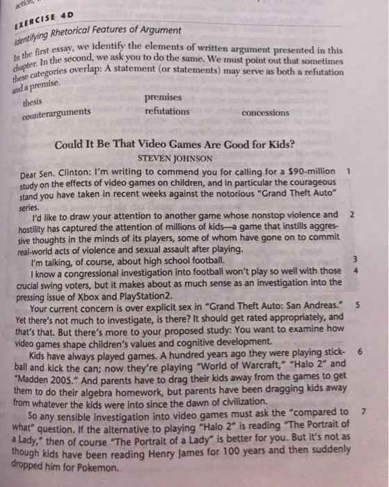 EXERCISE 4D Rhetorical Features of Argument ntifying denduy 3 SBV, we identify the elements of written argument presented in
