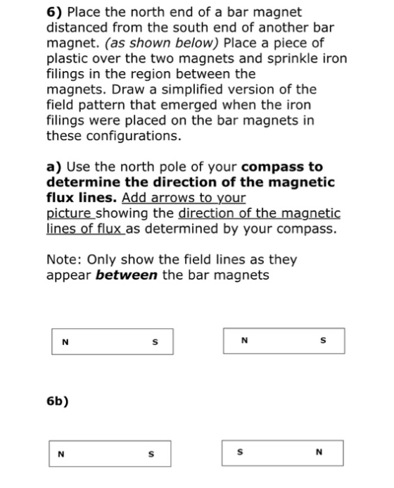6) Place the north end of a bar magnet distanced from the south end of another bar magnet. (as shown below) Place a piece of