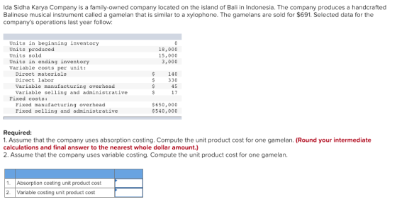 Ida Sidha Karya Company is a family-owned company located on the island of Bali in Indonesia. The company produces a handcrafted Balinese musical instrument called a gamelan that is similar to a xylophone. The gamelans are sold for $691. Selected data for the companys operations last year follow: Units in beginning inventory Units produced Units sold Units in ending inventory Variable costs per unit: 18,000 15,000 3,000 Direct materials Direct labor Variable manufacturing overhead Variable selling and administrative 140 $330 45 17 Fixed costs: Fixed manufacturing overhead Pixed selling and administrative $650,000 $540,000 Required 1. Assume that the company uses absorption costing. Compute the unit product cost for one gamelan. (Round your intermediate calculations and final answer to the nearest whole dollar amount.) 2. Assume that the company uses variable costing. Compute the unit product cost for one gamelan 1. Absorption costing unit product cost |Variable costing unit product cost 2.