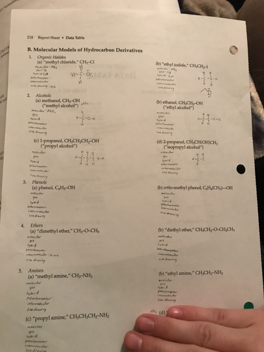 218 Report Sheet Data Table B. Molecular Models of Hydrocarbon Derivatives 1. Organic Halides (a) methyl chloride. CHr-C b)