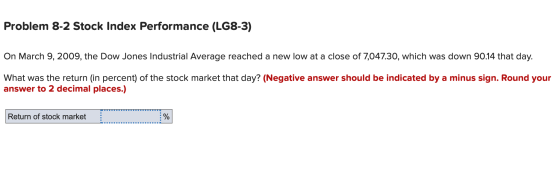 Problem 8-2 Stock Index Performance (LG8-3) On March 9, 2009, the Dow Jones Industrial Average reached a new low at a close o