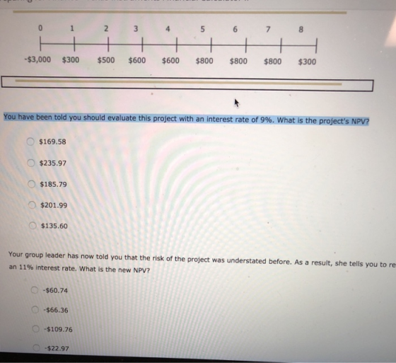 $3,000 $300 $500 $600 $600 $800 $800 $800 $300 You have been told you should evaluate this project with an interest rate of 9%, what is the projects NPV? $169.58 $235.97 $185.79 O $201.99 $135.60 Your group leader has now told you that the risk of the project was understated before. As a result, she tells you to re an 11% interest rate, what is the new NPV? O -$60.74 O-$66.36 -$109.76 -$22.97