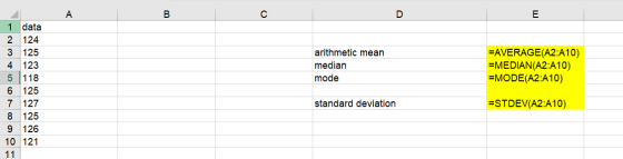 А B с D E arithmetic mean median mode =AVERAGE(A2:A10) =MEDIAN(A2:A10) =MODE(A2:A10) 1 data 2 124 3 125 4 123 5 118 6 125 7 1