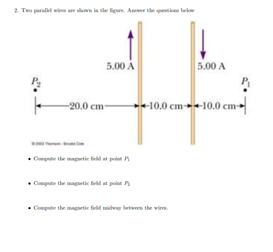 2. Two parallel wires are shown in the figure. Answer the questions below 5.00 A 5.00 A P2 F -20.0 cm +10.0 cm-+-10.0 cm • Co