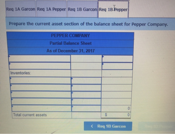 Req 1A Garcon Req 1A Pepper Req 1B Garcon Req 18.Pepper Prepare the current asset section of the balance sheet for Pepper Com