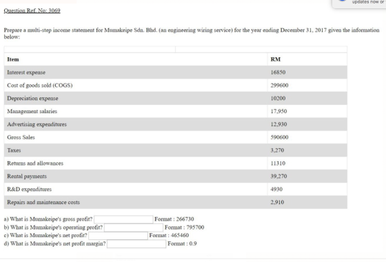 updates now or Prepare a multi-step income statement for Mumakeipe Sdn. Bhd. (an engineering wiring service) for the year ending December 31, 2017 given the information below: Item Interest expense Cost of goods sold (COGS) Depreciation expense Management salaries Advertising expenditures Gross Sales Taxes Returns and allowances Rental payments R&D expenditures Repairs and maintenance costs RM 16850 299600 10200 17,950 12,930 590600 3,270 11310 39,270 4930 2,910 a) What is Mumakeipes gross profit? b) What is Mumakeipes operating profit? c) What is Mumakeipes net profit? d) What is Mumakeipes net profit margin? Format: 266730 Format: 795700 Format: 465460 Format:0.9