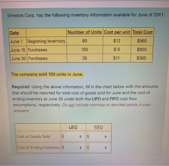 Winston Corp. has the following inventory information available for June of 20X1: Date Number of Units Cost per unit Total Co