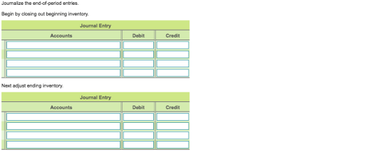 Journalize the end-of-period entries. Begin by closing out beginning inventory. Journal Entry Accounts Debit Credit Next adju