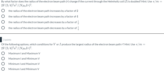 By what factor does the radius of the electron beam path (r) change if the current through the Helmholtz coil (I) is doubled?