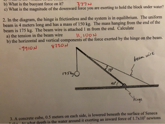 b) What is the buoyant force on it? c) What is the magnitude of the downward force you are exerting to hold the block under w