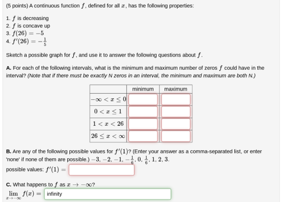 (5 points) A continuous function f, defined for all x, has the following properties: 1. f is decreasing 2. f is concave up 3.