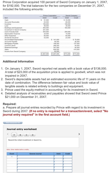 Prince Corporation acquired 100 percent of Sword Company on January 1, 20x7. for $192,000. The trial balances for the two com