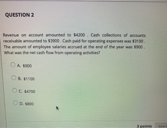 QUESTION 2 Revenue on account amounted to $4200. Cash collections of accounts receivable amounted to $3900. Cash paid for ope