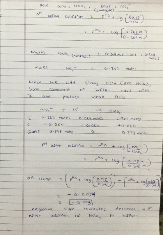 Here allda HNOL, pH before addition 2 base 2 NOZ Lansgale) pla + log / Base] Lacld pica + log (0.262 m) 10-309m moles MNO Onn
