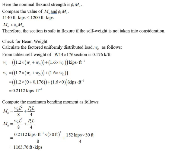 Here the nominal flexural strength is Ø, M,. Compare the value of M, and @M,. 1140 ftkips < 1200 ft kips M, <0,M, Therefore,