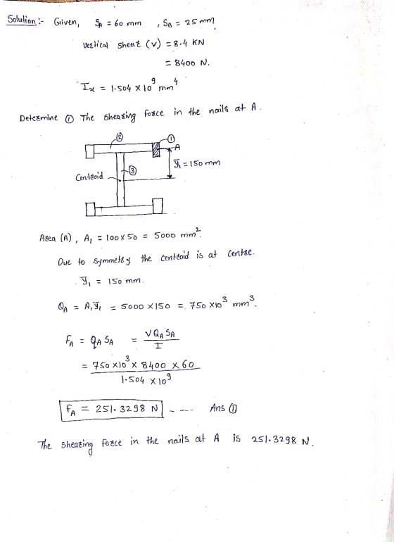 Solution - Given, SA = 60 mm So = 25 mm 1 vertical Shea ¿ (V) = 8.4 KN = 8400 N 4 . Ise 9 = 1.504 x 10 mm Determine The Sheat