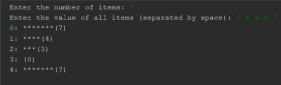 Enter the number of items: Enter the value of all items (separated by space): 3 2 1: (4) 2 (3) 3: (0)
