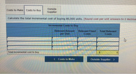 Costs to Make Costs to Buy Outside Supplier Calculate the total incremental cost of buying 80,000 units. (Round cost per unit