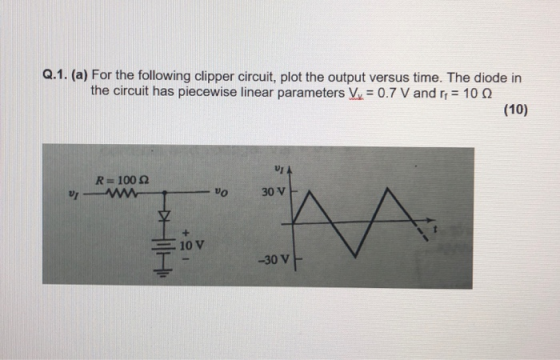Q.1. (a) For the following clipper circuit, plot the output versus time. The diode in the circuit has piecewise linear parame