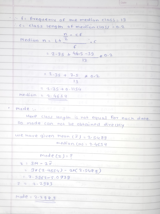 Date fa frequency of the median class=13 class length of median class - 0.2 ..c- n -cf median Ma 2 Lt cos f = 2.35 + 46.5-39