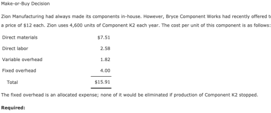 Make-or-Buy Decision Zion Manufacturing had always made its components in-house. However, Bryce Component Works had recently