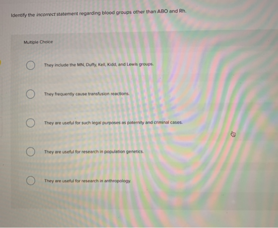 Identify the incorrect statement regarding blood groups other than ABO and Rh. Multiple Choice O They include the MN, Duffy,