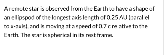 A remote star is observed from the Earth to have a shape of an ellipspod of the longest axis length of 0.25 AU (parallel to x